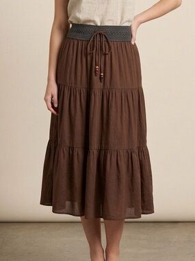 Denver Hayes Brown Tiered Cotton Midi Skirt with Crochet Waist‎ Size Small